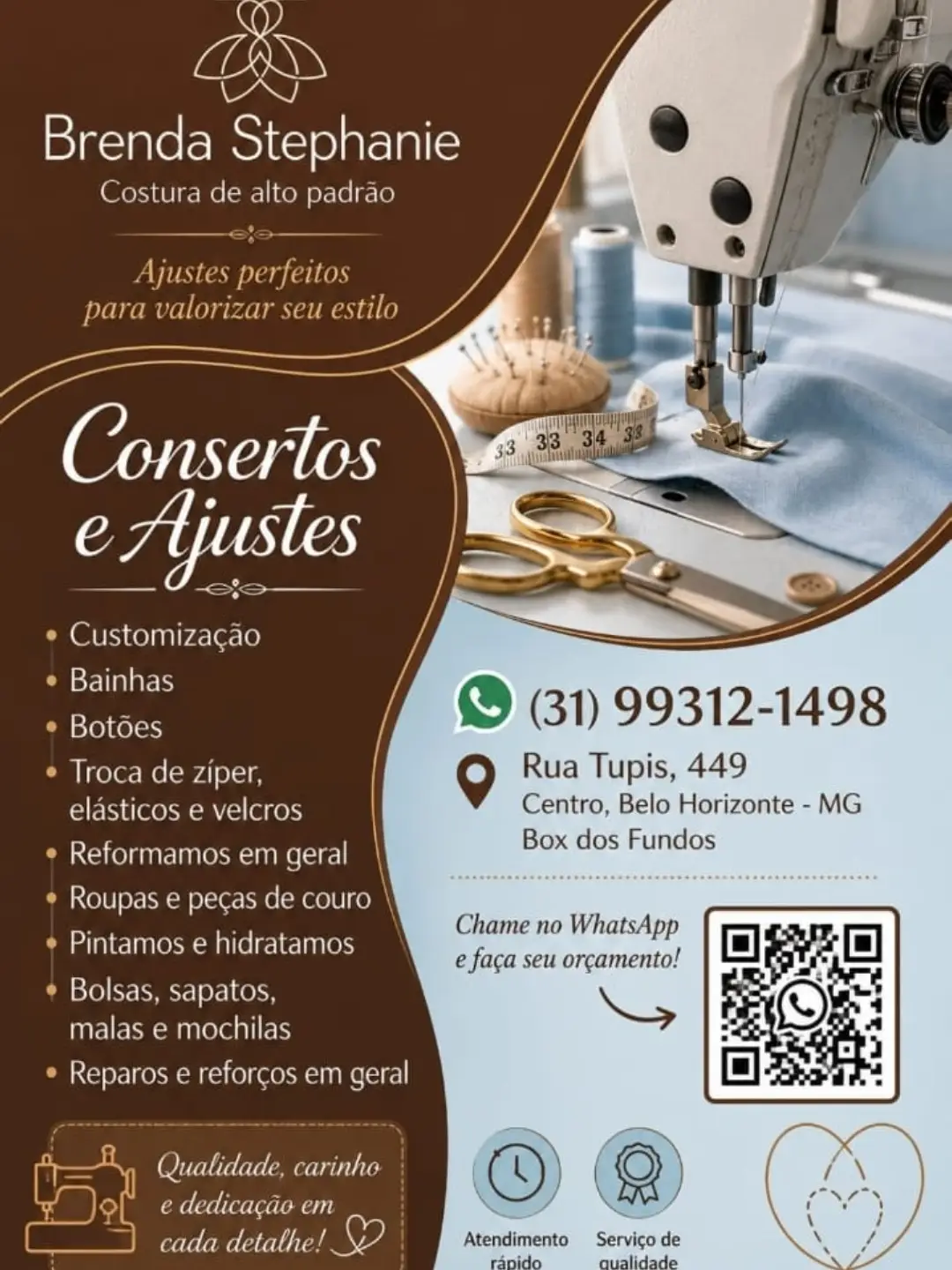 Publicação do Atelier com serviços de consertos e ajustes, contato e endereço